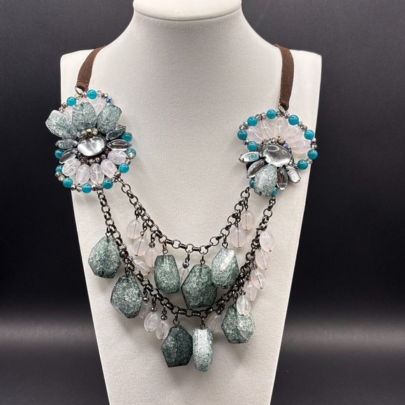 Coldwater Creek Jewelry - VTG Gunmetal Tone Green Crackle Quartz Style Bib Necklace Multi Chain Statement